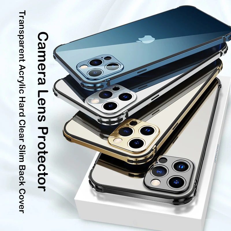 

Роскошный противоударный металлический чехол для iPhone 13 Mini 12 Pro MAX, силиконовый алюминиевый бампер, Защита камеры, акриловый прозрачный чехол