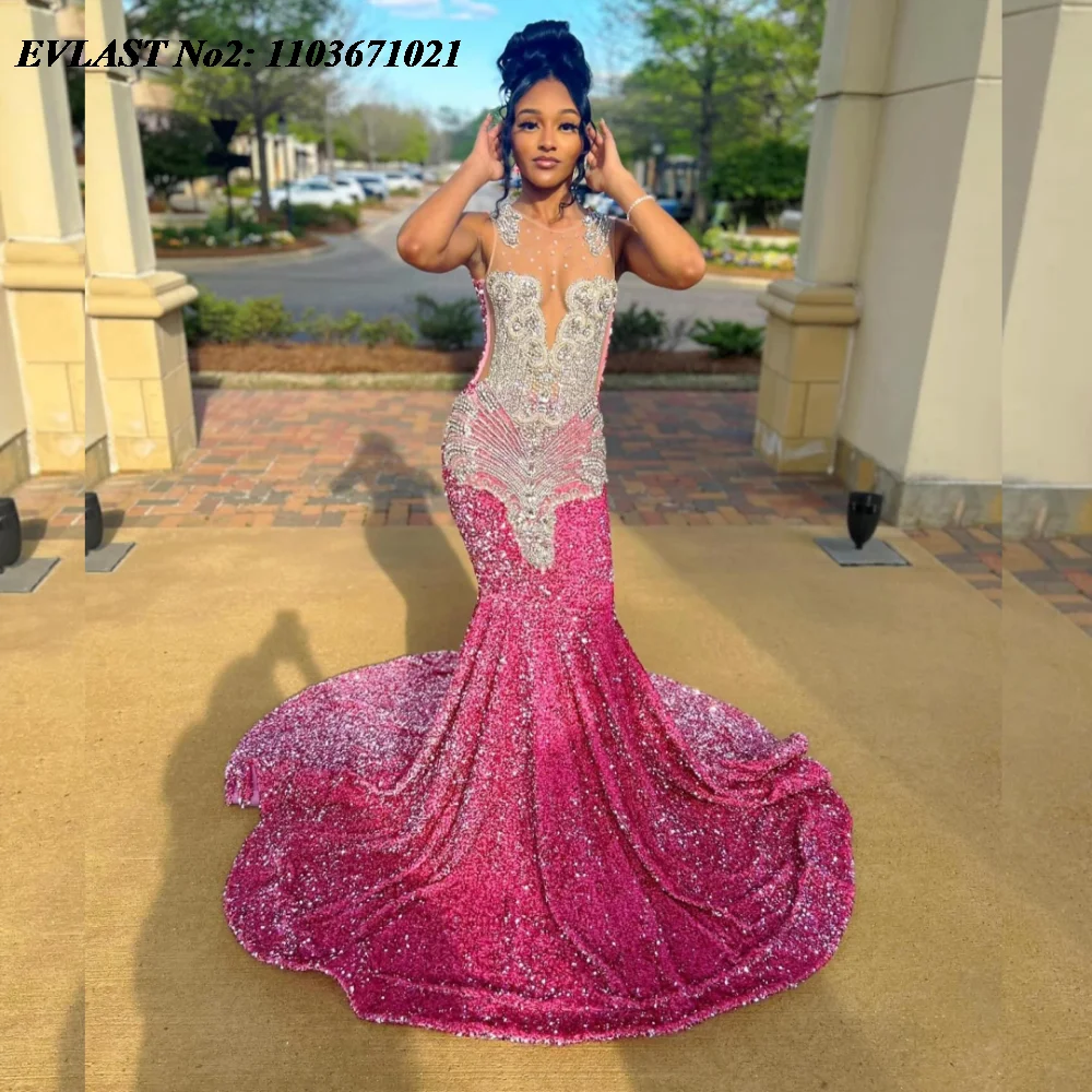 EVLAST Элегантное розовое платье для выпускного вечера с блестками серебристого