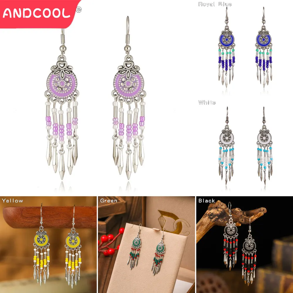 Круглые серьги в стиле бохо женские ручной работы с длинной кисточкой из рисовых