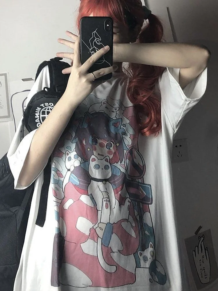 Deeptown Summer Japanese Anime T-shirt Women Cute Girl Cartoon Print Short Sleeve Tshirt Tees Streetwear Harajuku Top Female