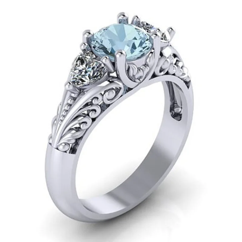 

New Style European and American Creative Carved Pattern Ladies Inlaid Blue Ring Whole Sale Engagement Rings for Women Rings
