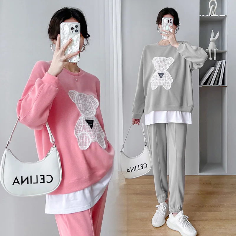 

648 2022 Spring Sweet Maternity Clothing Sets Lovely Sports Casual Shirts Belly Pants Suits Clothes for Pregnant Women Pregnancy