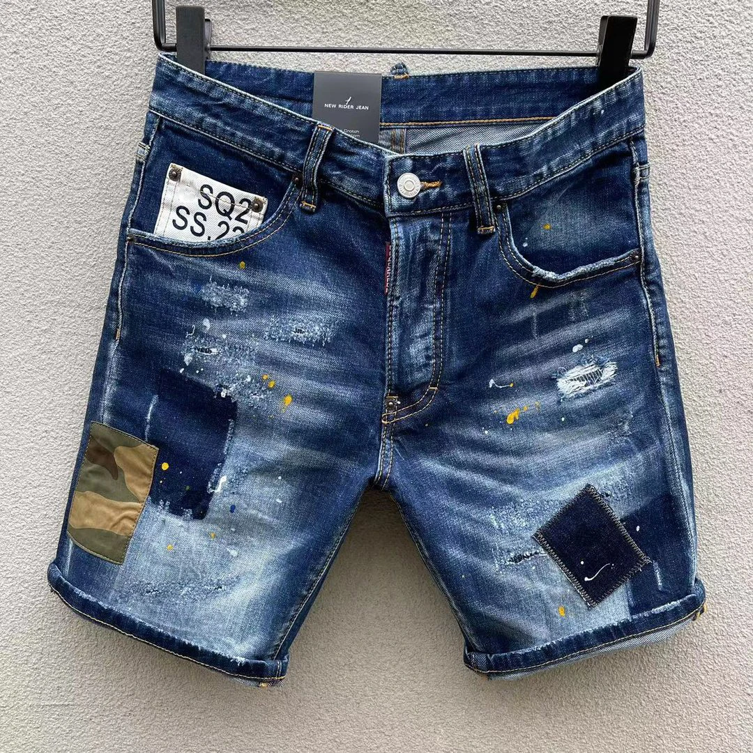 

2023 Summer New Distressed Denim Shorts D2 Jeans Fashion Wash Micro Spring Fashion Brand Speckled Ink Capris Men's Slim Fit
