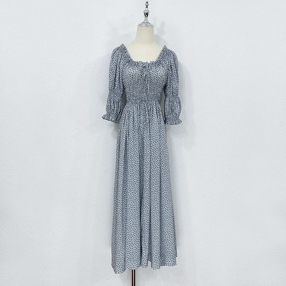 

2023 Spring/Summer Printed Cotton Pleated Bubble Sleeve Square Neck Bow Elastic Dress woman skirt maxi dress