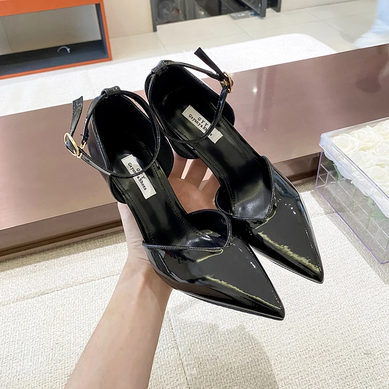 

ZOOKERLIN Pointed Patent Leather Buckle Women's Sandals Stiletto High Heels Solid Color Dress Pump Summer Office Work Shoes Sexy