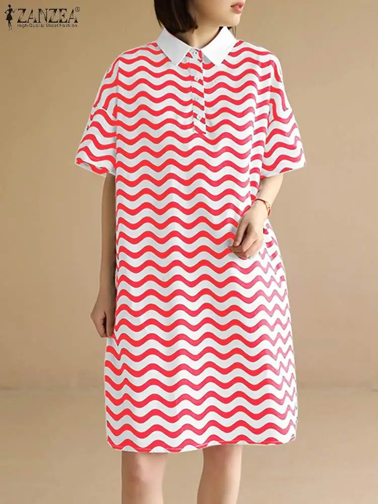 

Платье ZANZEA женское повседневное с коротким рукавом, праздничный свободный халат с лацканами, элегантное Полосатое средней длины в стиле ре...