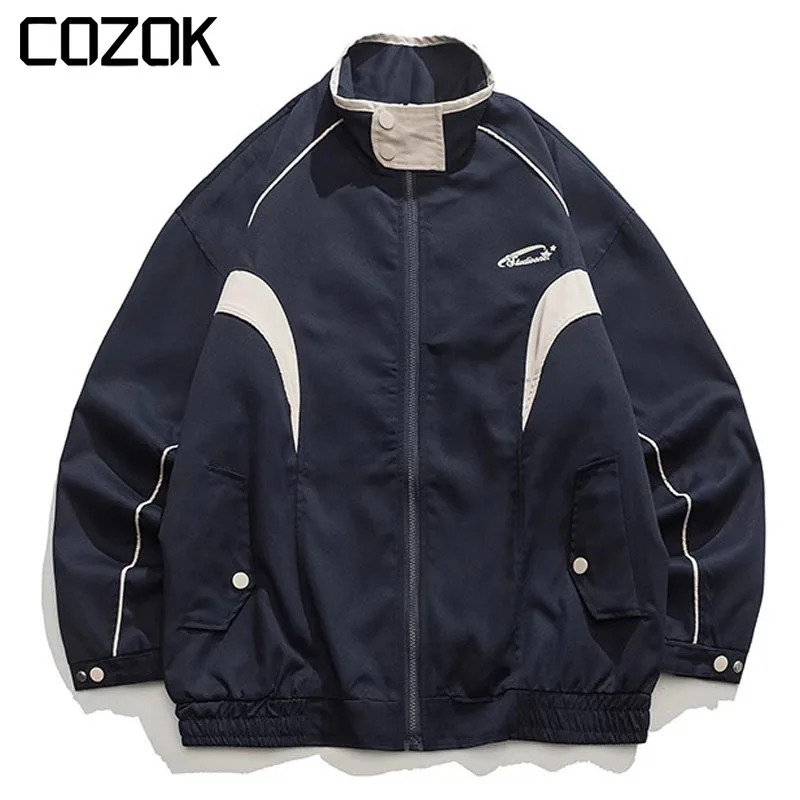 

Куртка в американском стиле пэчворк для мужчин и женщин, демисезонная куртка в полоску с буквенным принтом в стиле оверсайз, унисекс, куртка на молнии в стиле Харадзюку