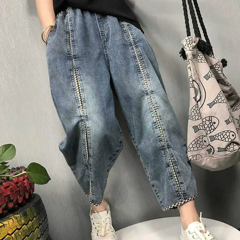 

Spring Summer New Arts Style Women Vintage Embroidery Loose Jeans Elastic Waist Casual Cotton Denim Harem Pants Top Quality V348