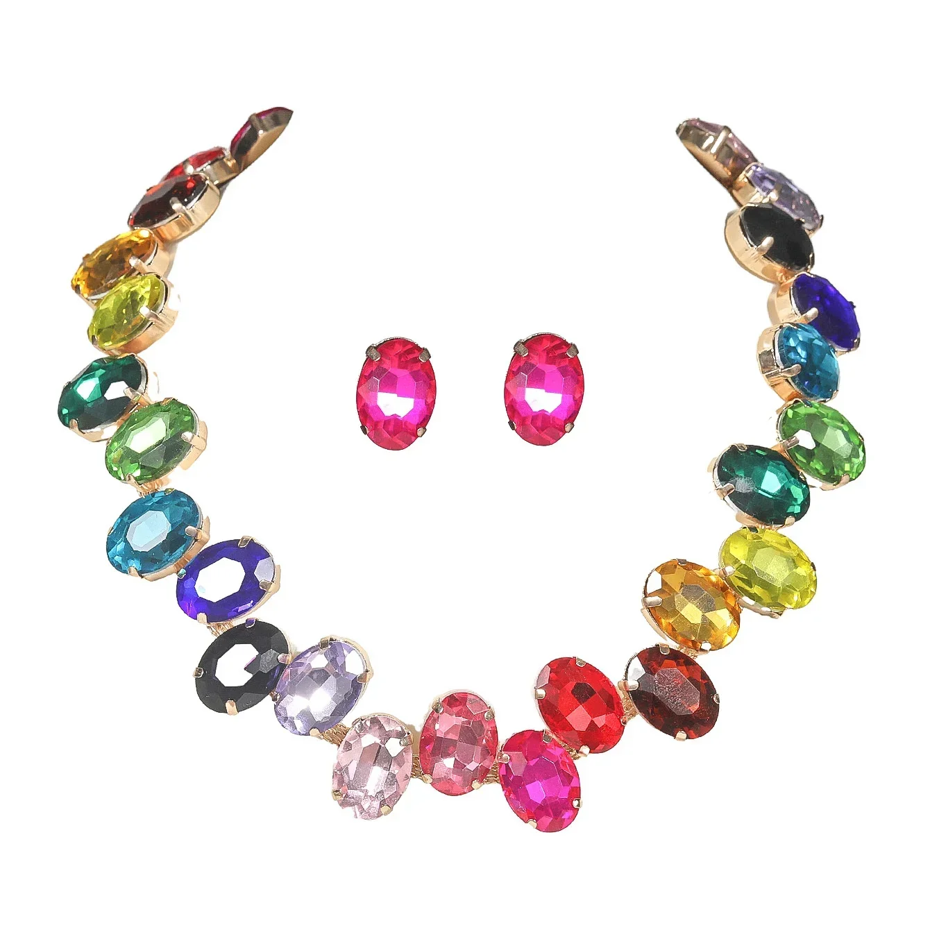 Design sense of colorful geometric oval rhinestone necklace earrings two-piece fashion exquisite personality jewelry set