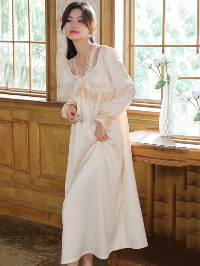 Long Sleeve Pajamas Women Female Spring Vintage Princess Lace V-Neck Ice Silk Nightdress with Chest Pads Home Clothes Sleepwear