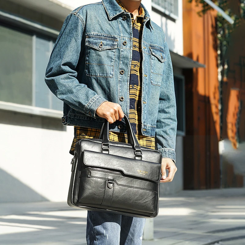 Men'S Briefcase Laptop Bag PU Leather Vintage Handbags Shoulder Business Tote Messenger Breifcases Wallets Crossbody Bag Male