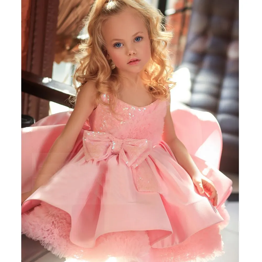 

Gorgerous Pink Fashion Baby Scoop Bow Tutu Flower Girl Dresses Sleeveless Sequined Christmas Gown with Bow فساتين اطفال للعيد