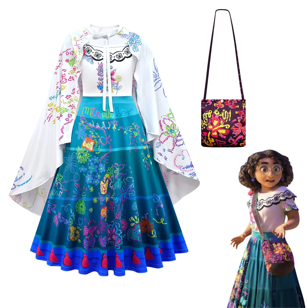 

Encanto Cosplay Costume Girl Dress Cloak Halloween Princess Party Clothes Flower Ruffles Long Dress Girl Mirabel Dress