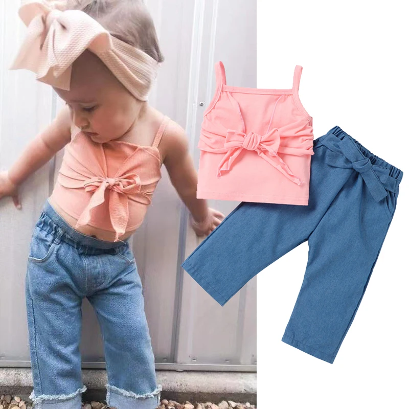 

Женский комплект одежды для новорожденных, жилет без рукавов на бретелях и прямые джинсовые брюки, летняя одежда для малышей