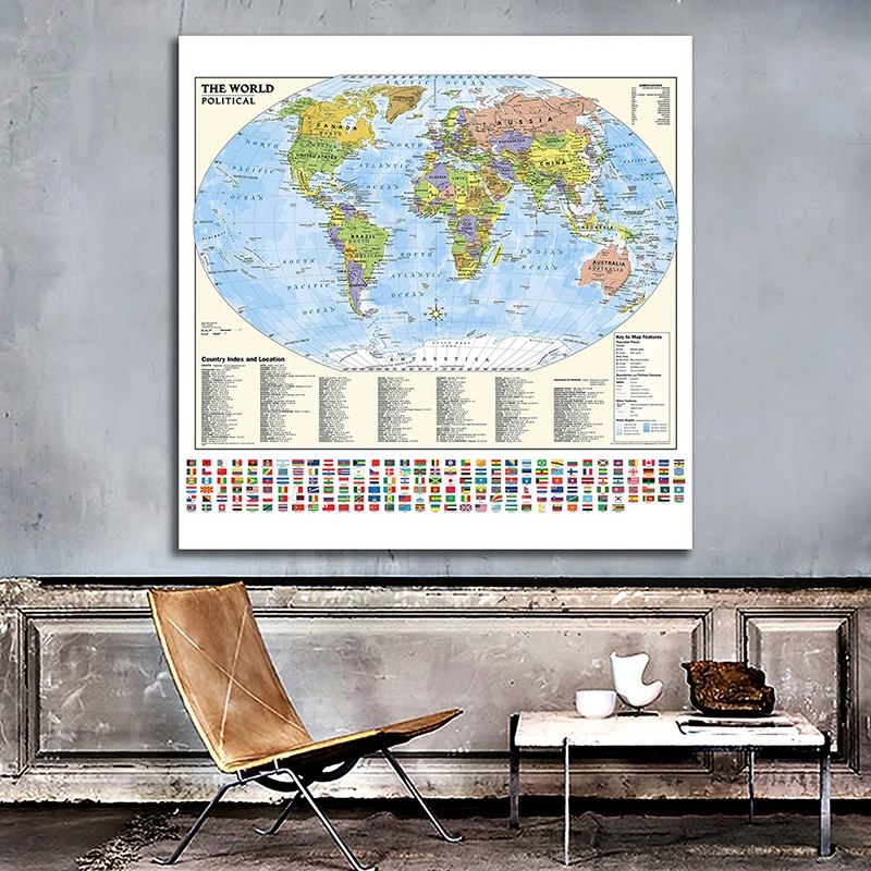 

60*60cm The World Map Unframed Print Wall Decorative Poster Non-woven Canvas Painting Teaching Supplies Home Living Room Decor