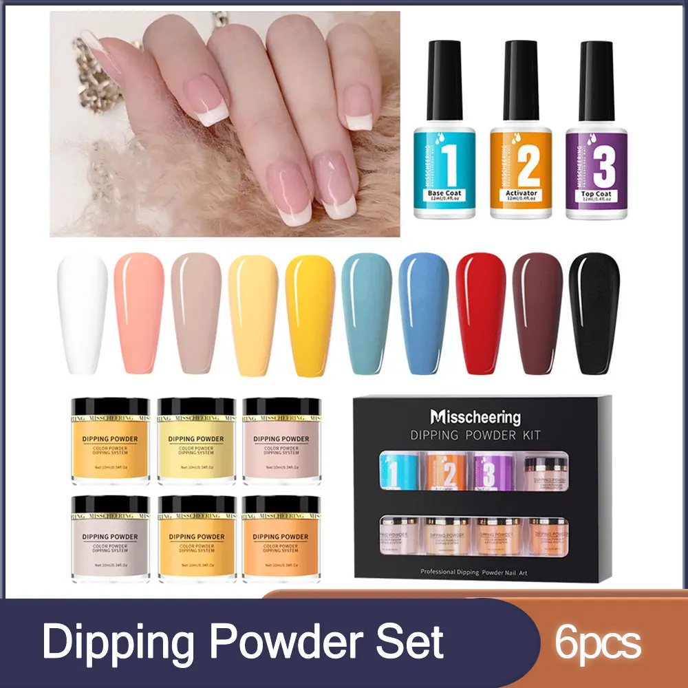 6pcs Nail Art Dipping Powder Set Colorful Powder Top Coat Activator Base Coat Kit Pigment Dip Dust Decor French Manicure