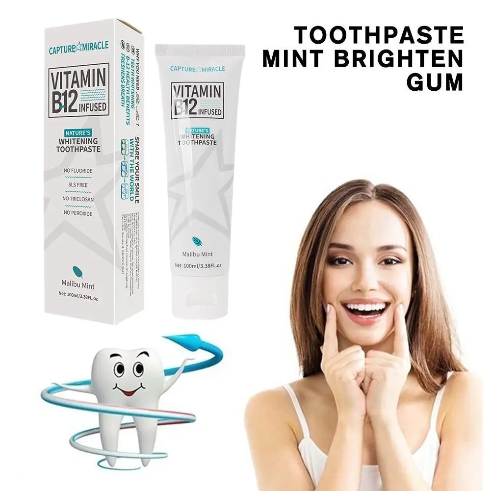 

100ml Vitamin B12 Toothpaste Mint Brighten Gum Repair Tooth Remove Whitening Hygiene Stains Fresh Breath Health Beauty Oral R1B2