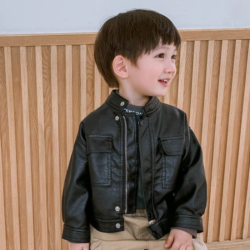 

New 2023 Boys' PU Leather Toddler Jacket Baby Boy Spring Autumn Infant Kids Girls Motorcycle Coat Korean Style Black Outerwear
