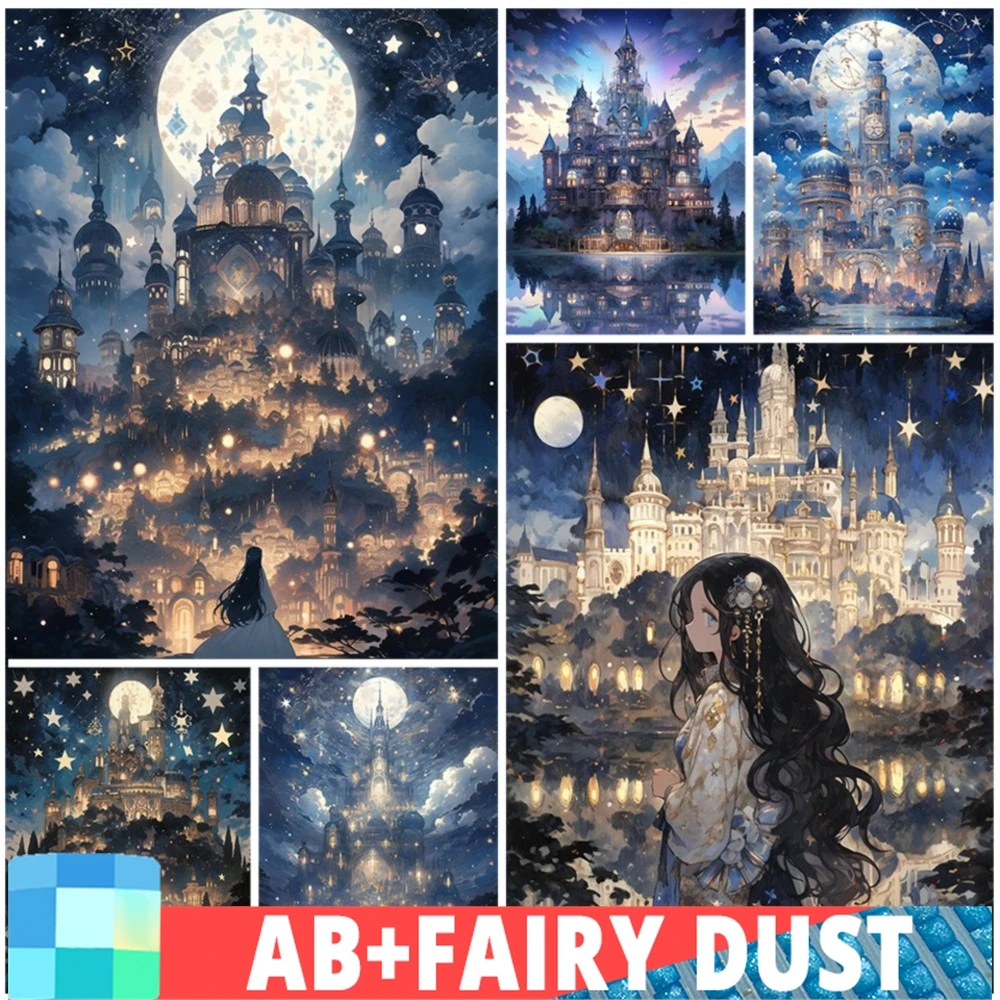 Фото Алмазная живопись AB Fairy Dust DIY 5D, новая вышивка в виде замка мечты, мозаика, рисунок в стиле Фэнтези, луна, пейзаж, Рождество, для дома №1