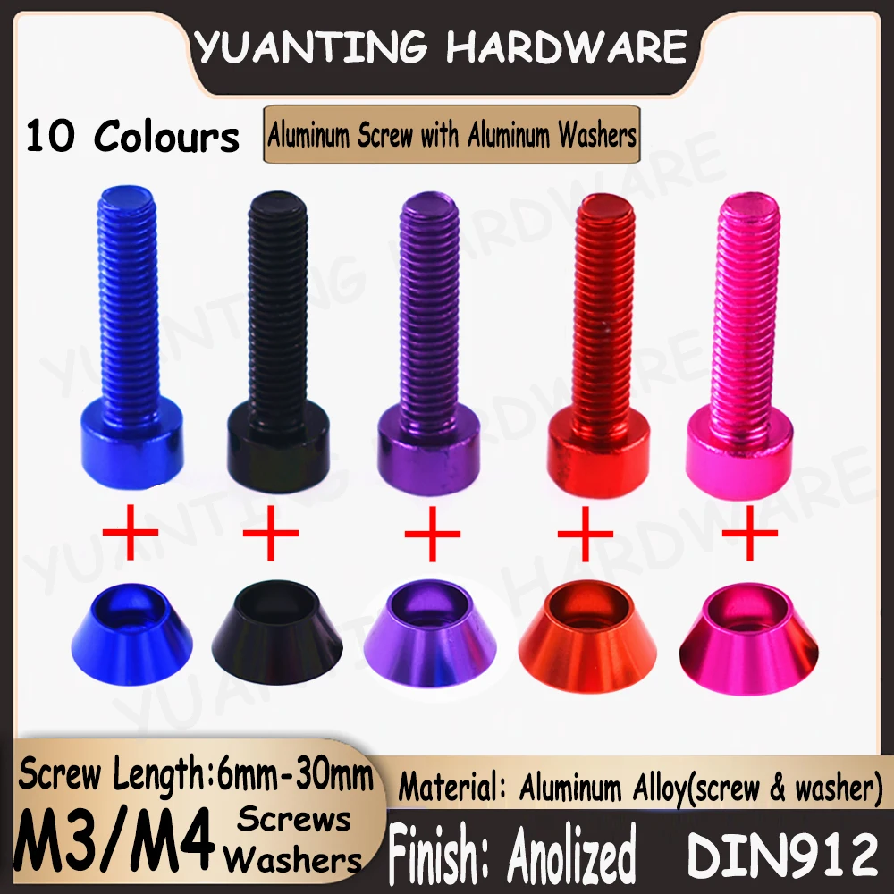 

3Sets/5Sets M3 M4 DIN912 Aluminum Alloy Hexagon Socket Cap Head Screws with Matched Aluminum Washers Screw Gaskets 10 Colors