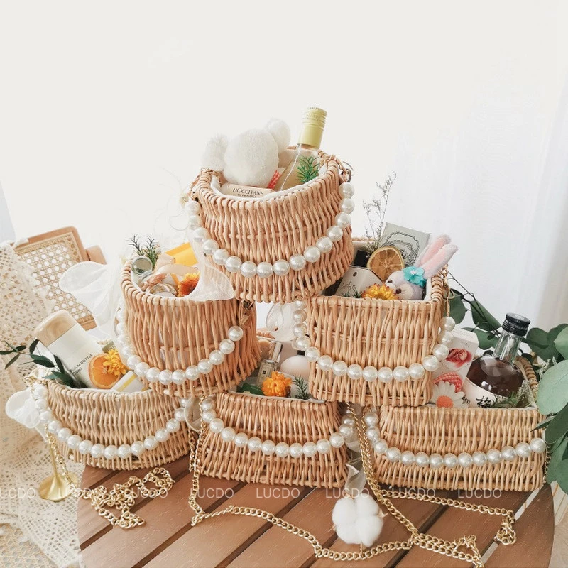 

Handmade Wicker Rattan Straw Bags Women Beach Bag Summer Bohemian Handbags Pearls Bridesmaid Gift Tote Wedding Picnic Basket