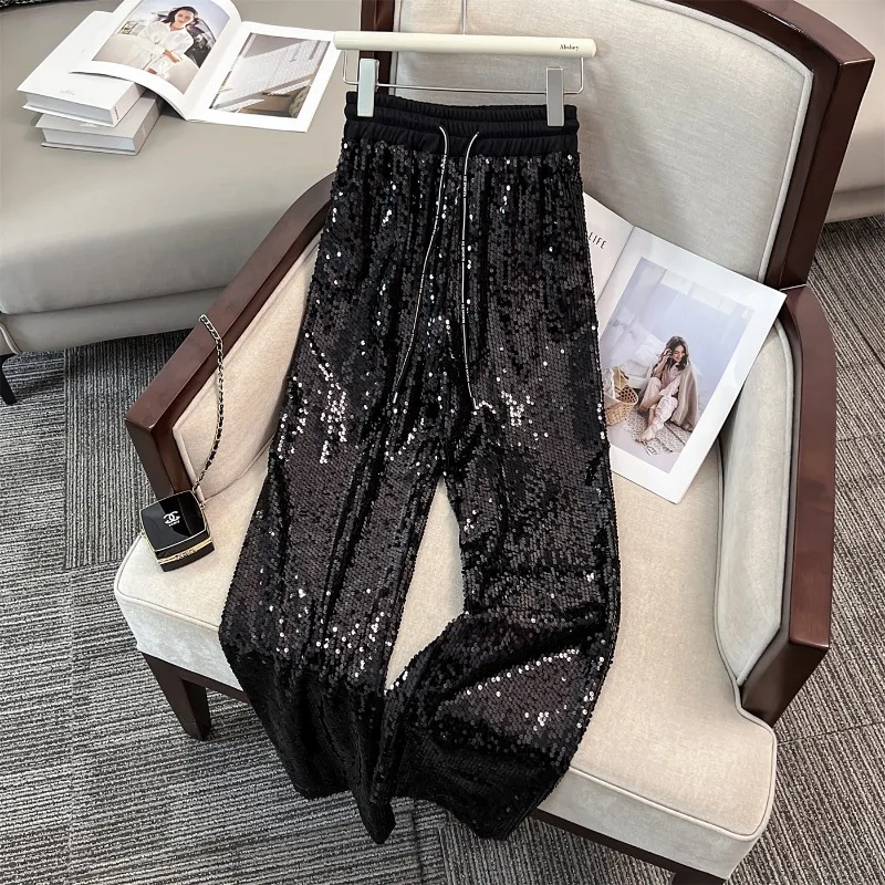 Брюки женские с блестками и широкими штанинами модные повседневные блестящие