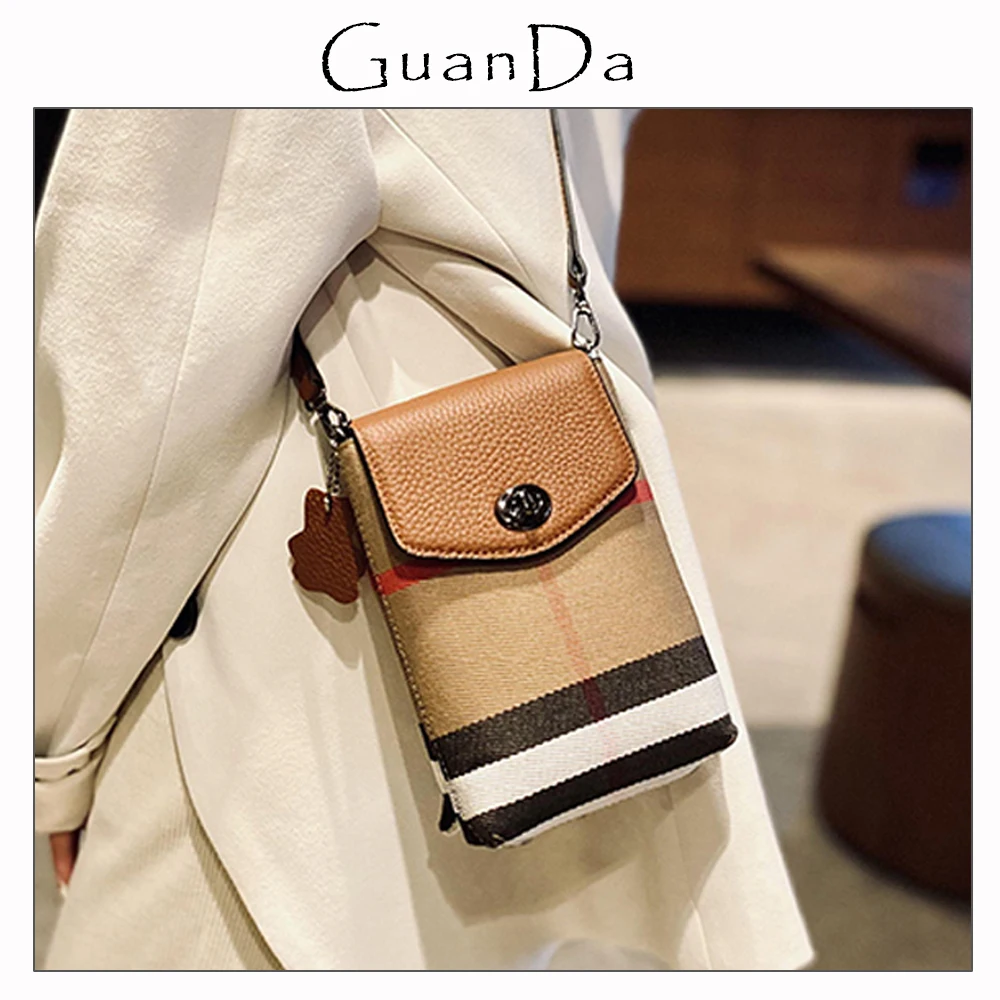 

Famous Small Plaid Canvas Women Phone Crossbody Bag Daily Stripes Leather Female Purse Wallet Handbag Luxury Flap Shoulder Bag