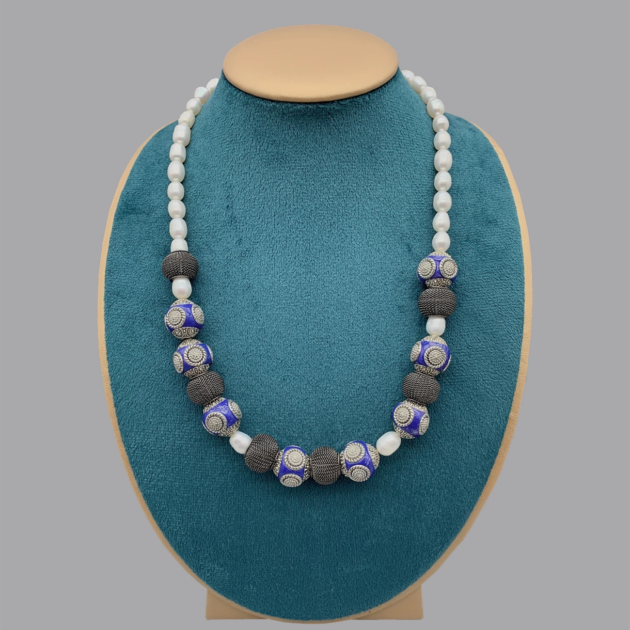 

FoLisaUnique Enameled Beads Necklace With Pewter Mesh Balls 7-8mm White Freshwater Baroque Rice Pearls For Women Girls 18 Inch