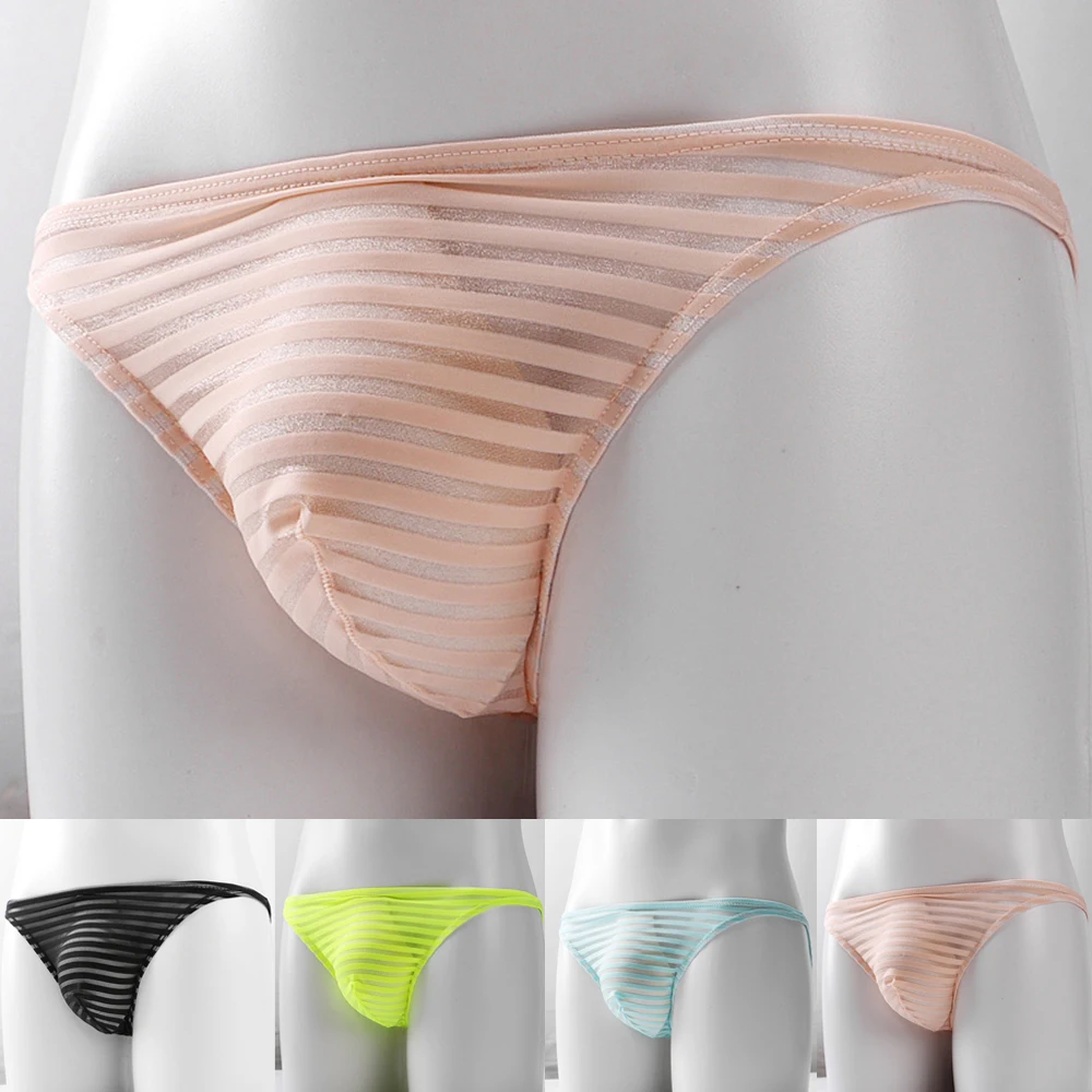 Трусы-бикини Мужские прозрачные с низкой посадкой, пикантные Трусы-брифы в полоску, дышащее нижнее белье