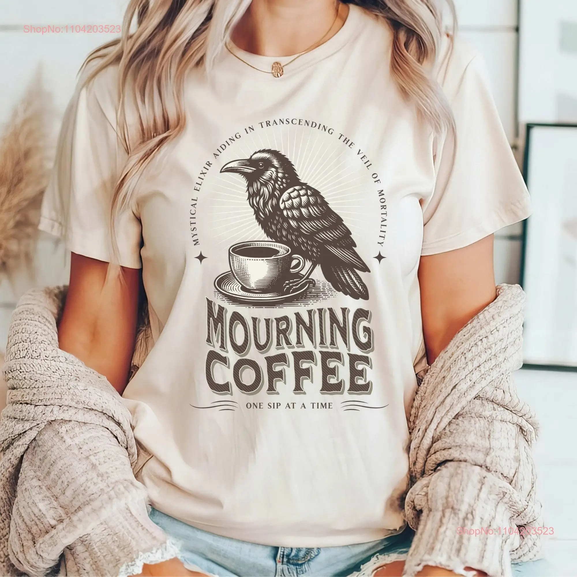 Crow and Mourning Coffee widowing bereavemenT T Shirt death mortality fun macabre dark widow humor funeral tee