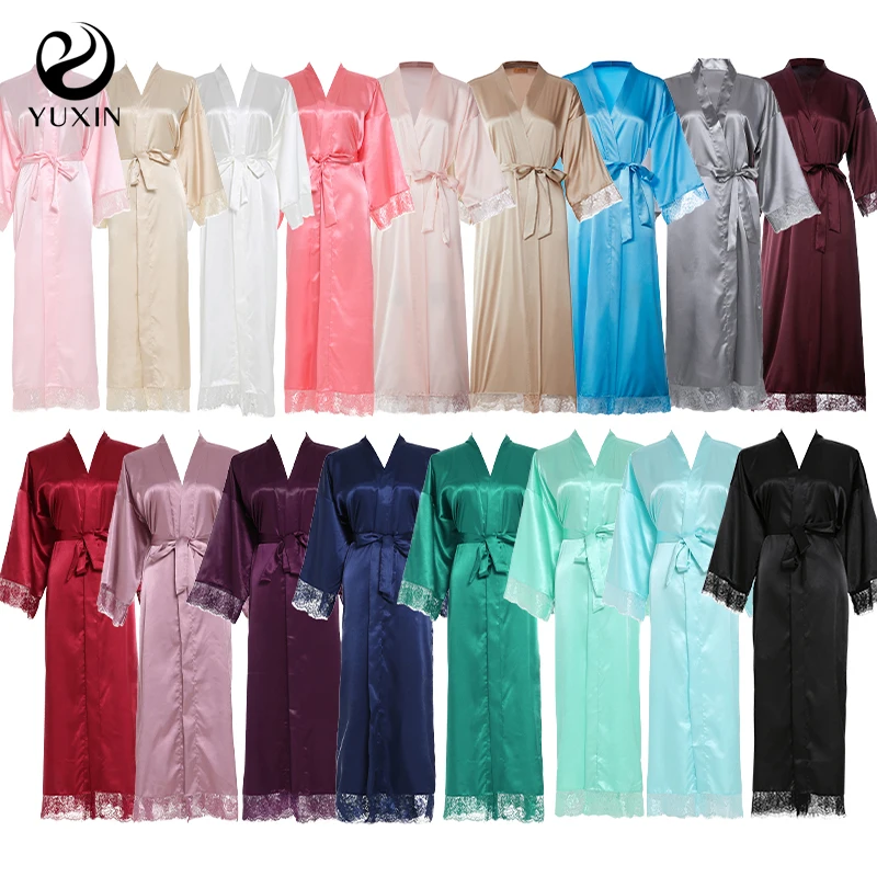2020 New Silk Satin Lace Robes  Bridesmaid Bride Robes Wedding Long Robe Bathrobe Womens Robe White