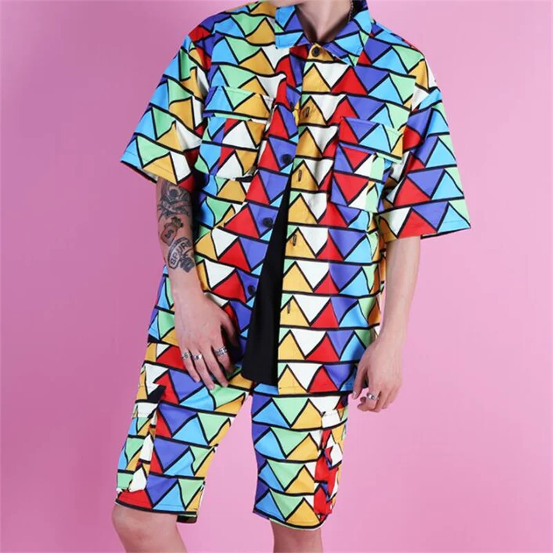 Summer mens shirt set printed short-sleeved trendy personality multicolor casual clothes singer stage dance