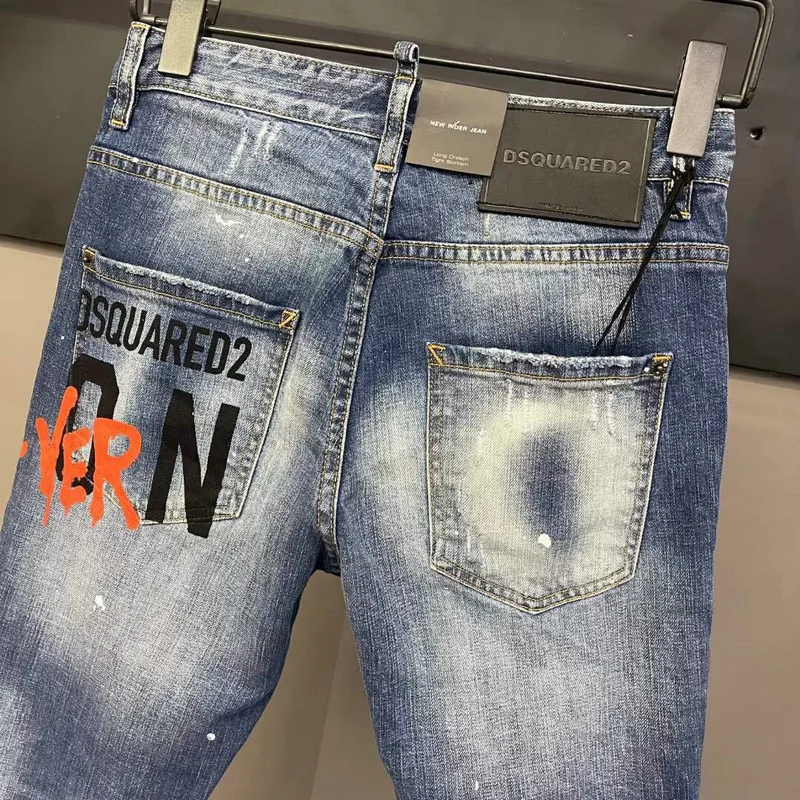 New DSQUARED2 Men's/Women's Hole Patches Stretch Fashion Paint Ink Pants