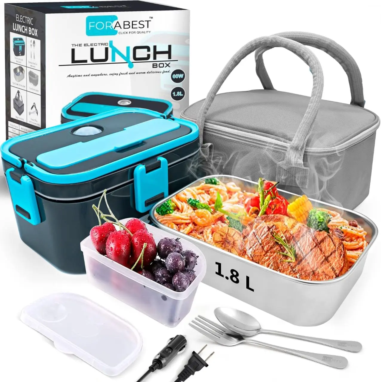 

FORABEST 1.8L Electric Lunch Box Food Heater\u201360W -Fast 4-in-1 Heated Lunch Box for Adults 12V 110V - Lonchera Electrica Por