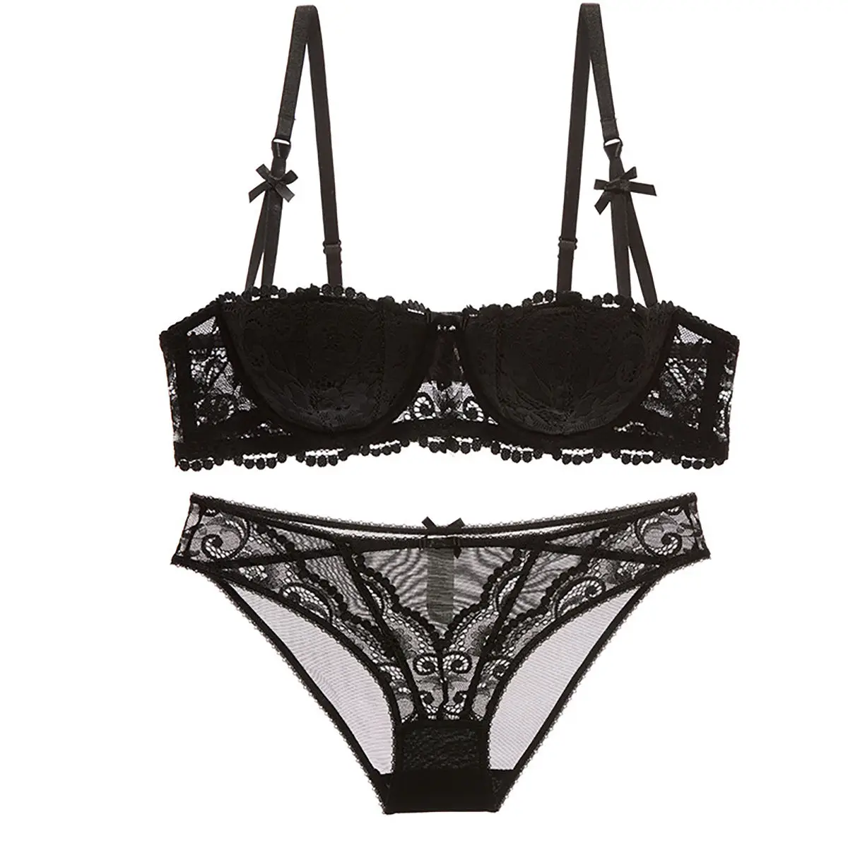 French noble Lolita style girly sexy lace lingerie sets half cup small chest gathered cute underwear no steel ring white bra set