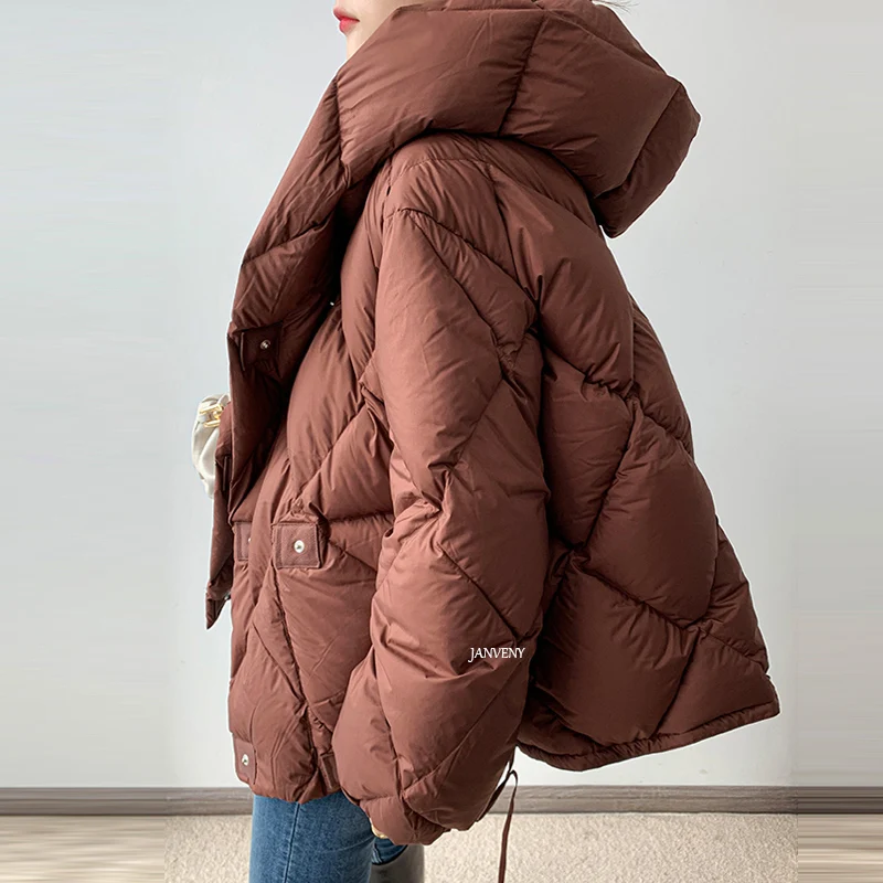2023 Winter New Fashion 90% White Duck Down Short Jacket Women Thick Warm Loose Cocoon Type Hooded Diamond Puffer Coat Outwear enlarge