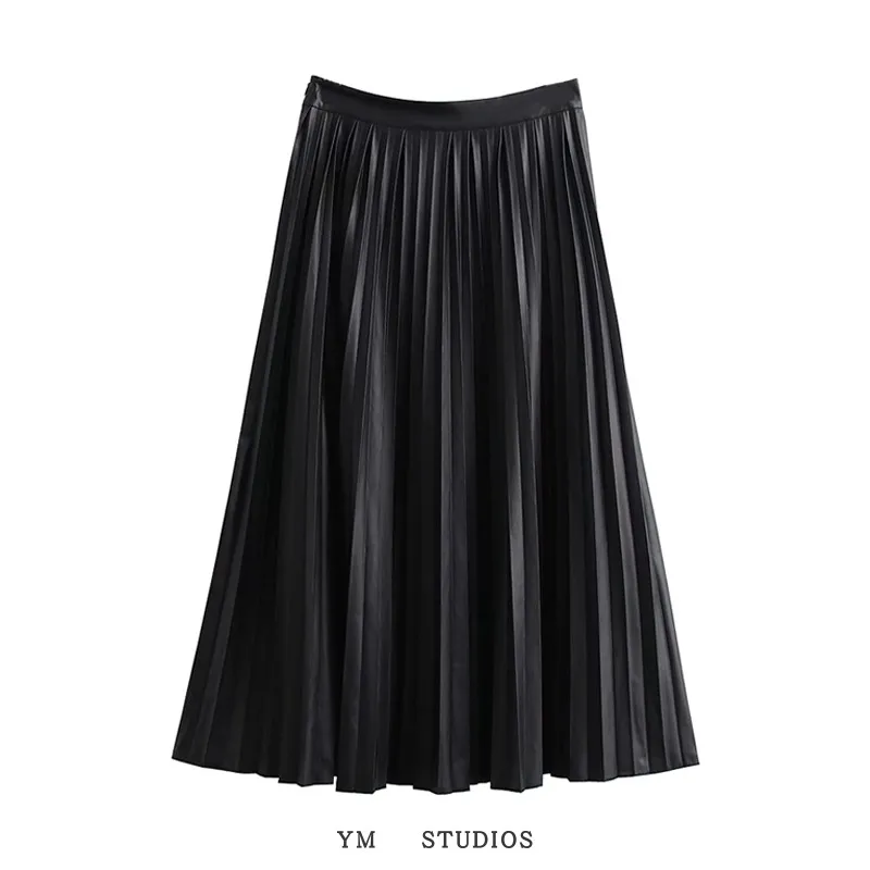 

European and American fashion wind crushed organ wrinkle leather skirts light cooked long render skirt in the wind