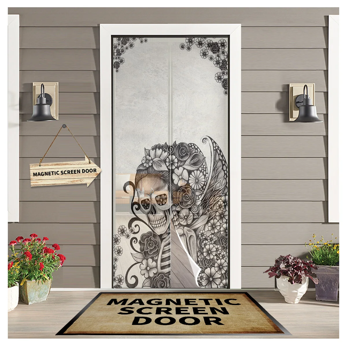 

Skull Sketch Flowers Butterfly Magnetic Screen Door Curtain Anti-mosquito Magnetic Screen Net Kitchen Curtain