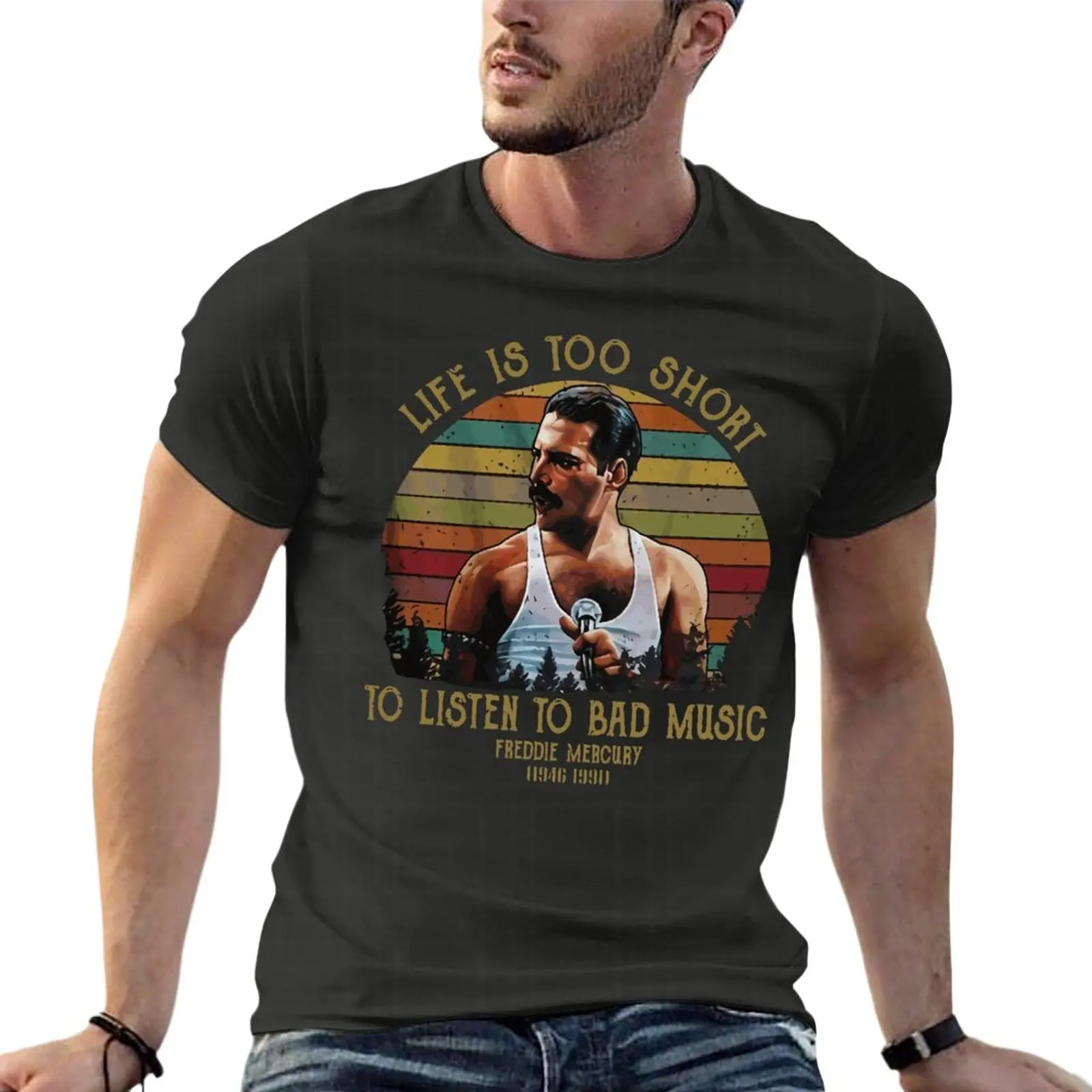 

Life Is Too Short To Listen To Bod Music Freddie Mercury Retro Oversized T Shirt Printed Men Clothes Short Sleeve Tops Tee