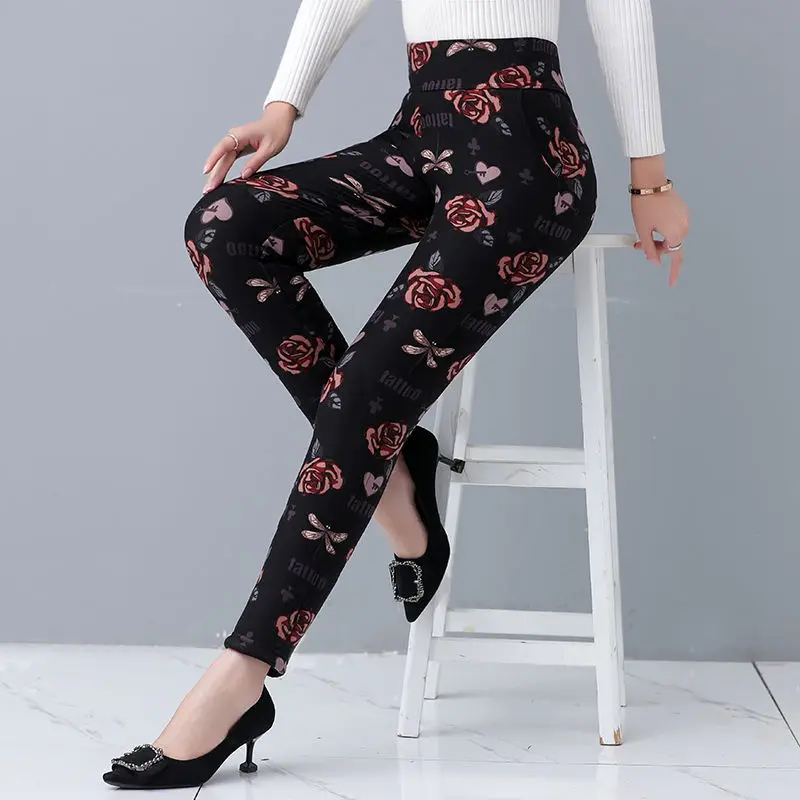 

Women 2022 Winter Cotton Pants New Print Thick Warm Stretch High Waist Casual Pants Middle-aged Female Leggings Trousers J35