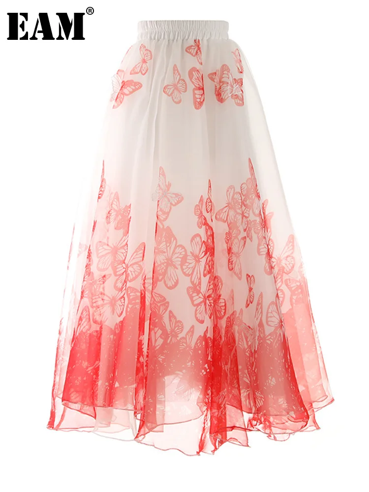 

[EAM] High Elastic Waist Wine Red Bow Embroidery Mesh Long Half-body Skirt Women Fashion Tide New Spring Autumn 2023 1DF5036