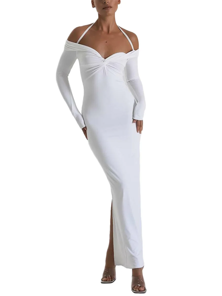 

Sunfanrtnn женское сексуальное боди с длинным рукавом элегантное платье с низким вырезом С Боковым Разрезом Длинное осеннее платье