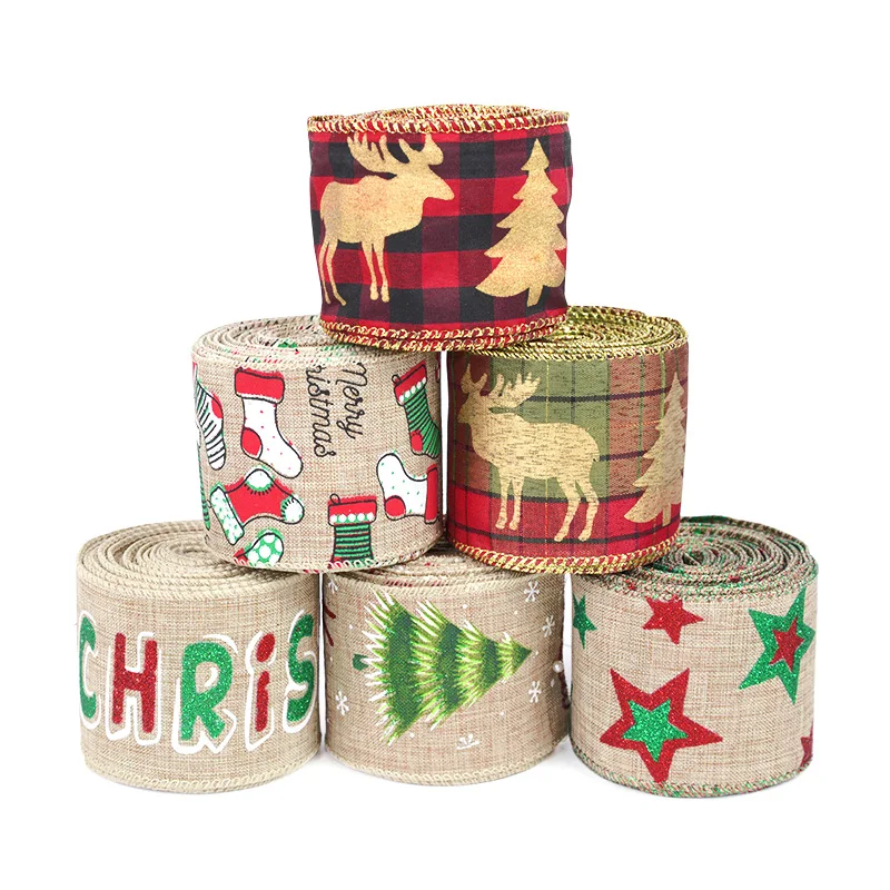 

5m/roll Christmas Burlap Ribbon Xmas Tree Elk Printed Ribbons for Gift Wrapping DIY Hair Bows Chirstmas Wedding Party Decoration