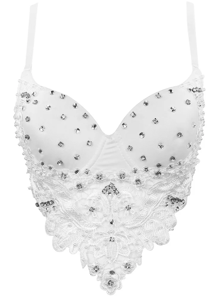 

Женский Белый Бюстье, Кружевной укороченный топ со стразами и жемчужинами, милая кофта с крючками, ночнушка, клубвечерние праздничные сцени...