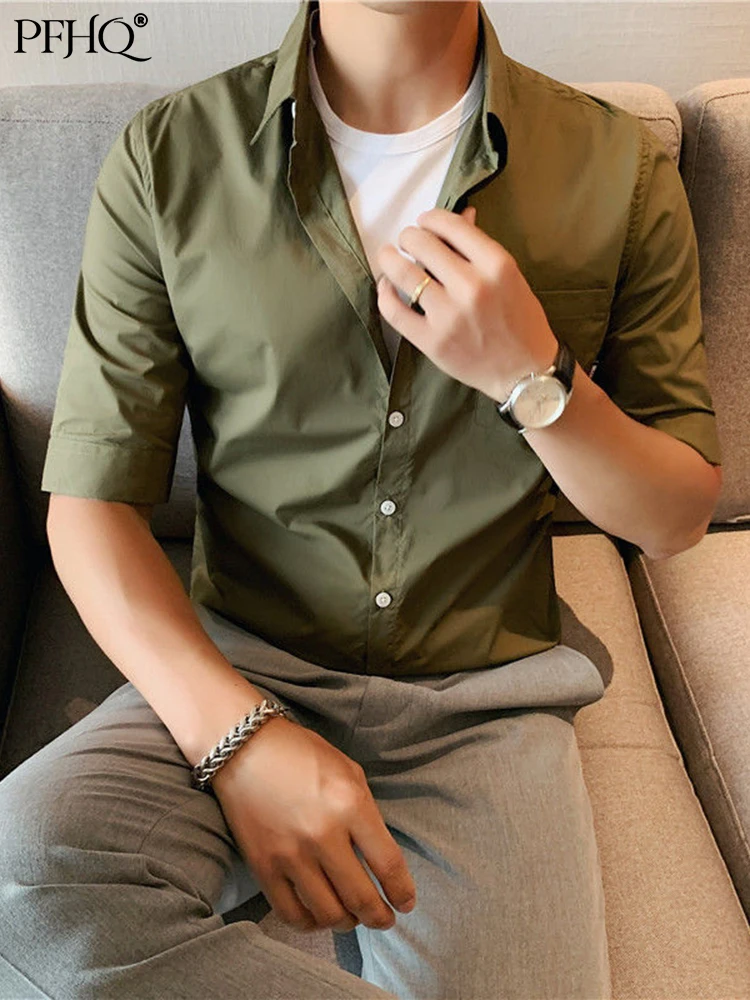 

PFHQ Men's Shirts Summer New Five Point Sleeve Short Elegant Korean Slim Fit Medium Luxury Social Trend Male Clothes 21Q1103
