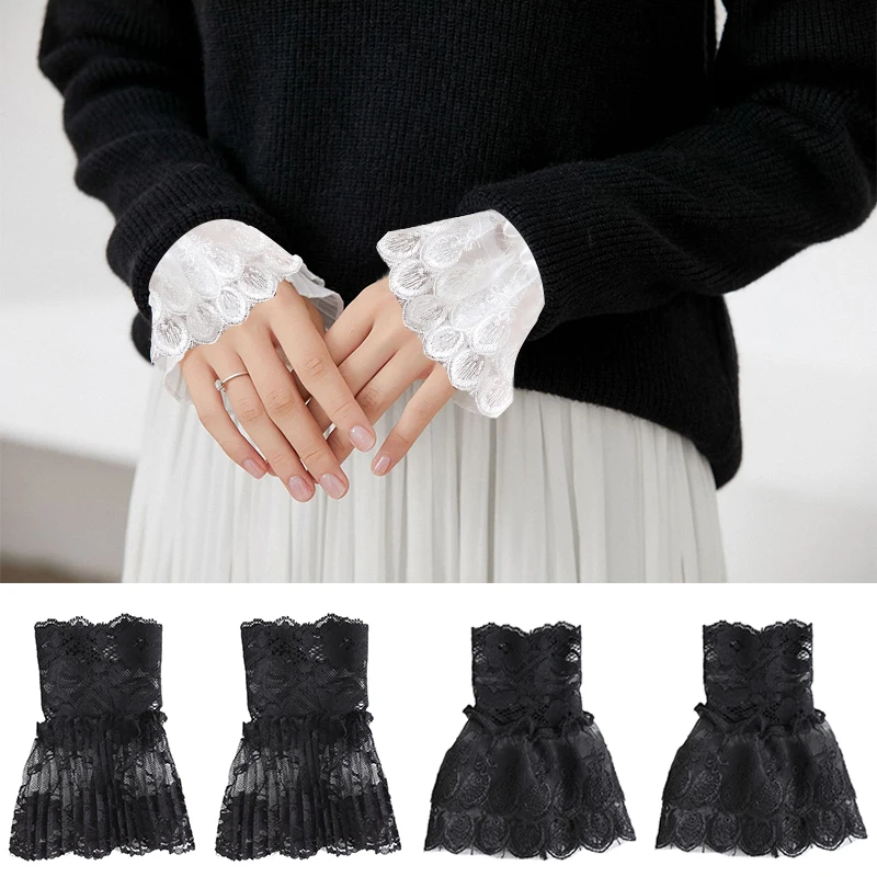 

Women Gothic Black Lace Wrist Cuffs Bracelets Party Sunscreen Fingerless Gloves Hollow Detachable Fake Sleeve Cloth Decoration