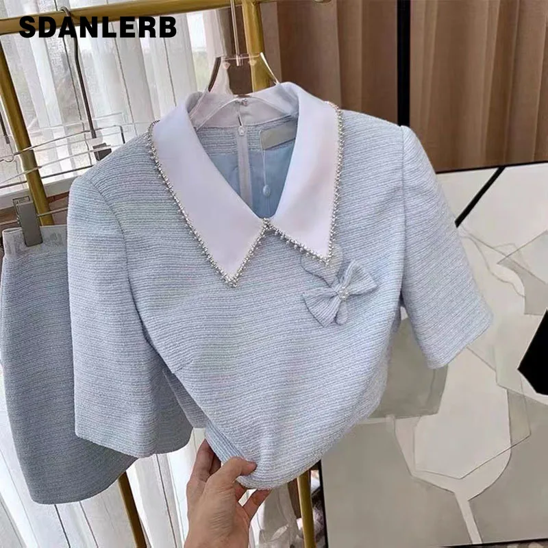 

Elegant Socialite Suit Women's Summer 2022 New Short Sleeve Blouse Fashion Polo Collar Top High Waist Mini Skirt Two Piece Set