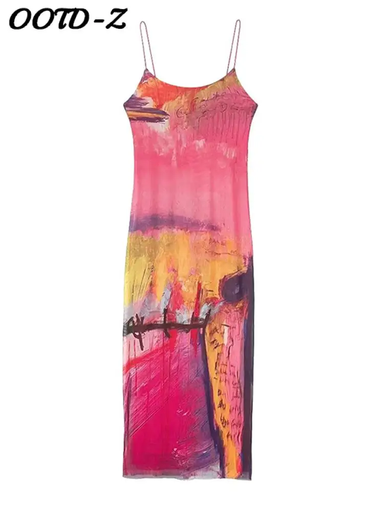 

Women Mesh Sexy Print Slip Dress Colorful Backless Long Dresses Female 2023 Summer Fashion Sleeveless Slim Ladies Vestidos