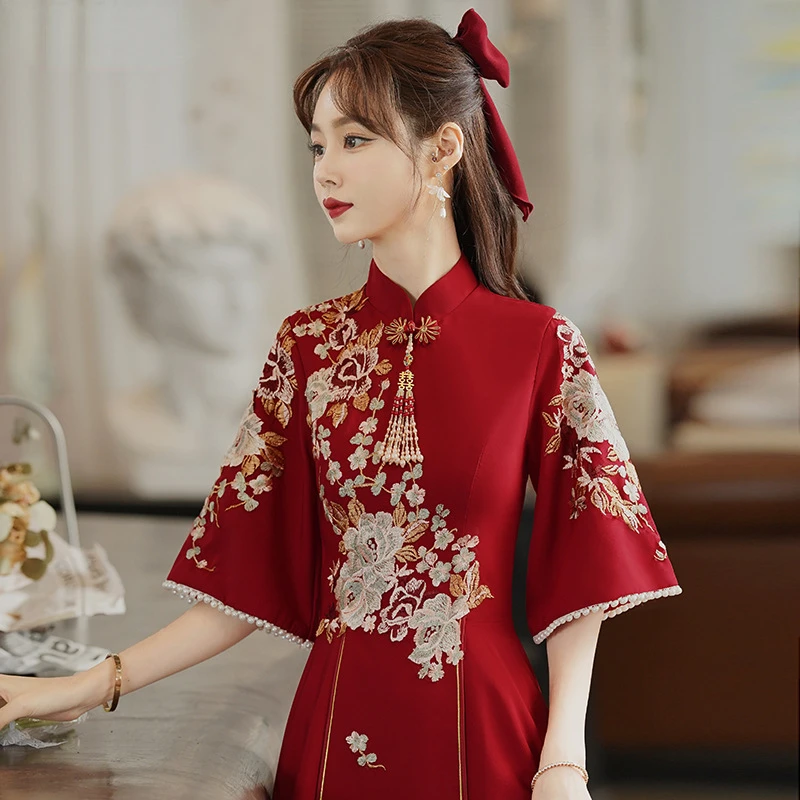 Chinese Style Bridal Toasting Cheongsam Dress Wind Red Traditional Qipao Dress Vintage Wedding Elegant Evening Party Dresses