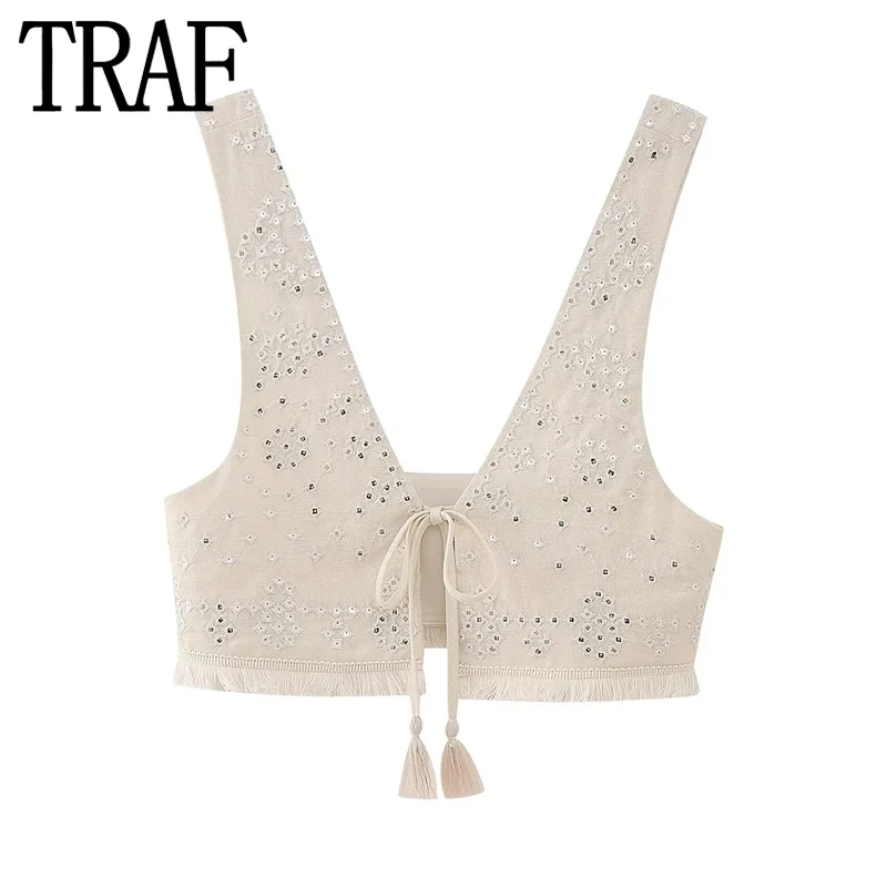 

TRAF 2023 Embroidered Vest Women Sleeveless Cropped Vest Woman Summer Tassels Waistcoat Streetwear Gillet Vests for Women Top